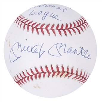 Mickey Mantle Signed & Inscribed ONL White Baseball with "F*** the National League" Inscription (JSA)